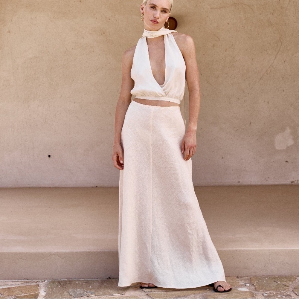 NWT VRG GRL CARMINE LINEN BIAS CUT MIDI SKIRT CREAM Size 8 AU (Size 4 US)